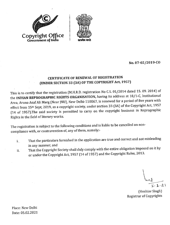 Certificate of Registration of IRRO